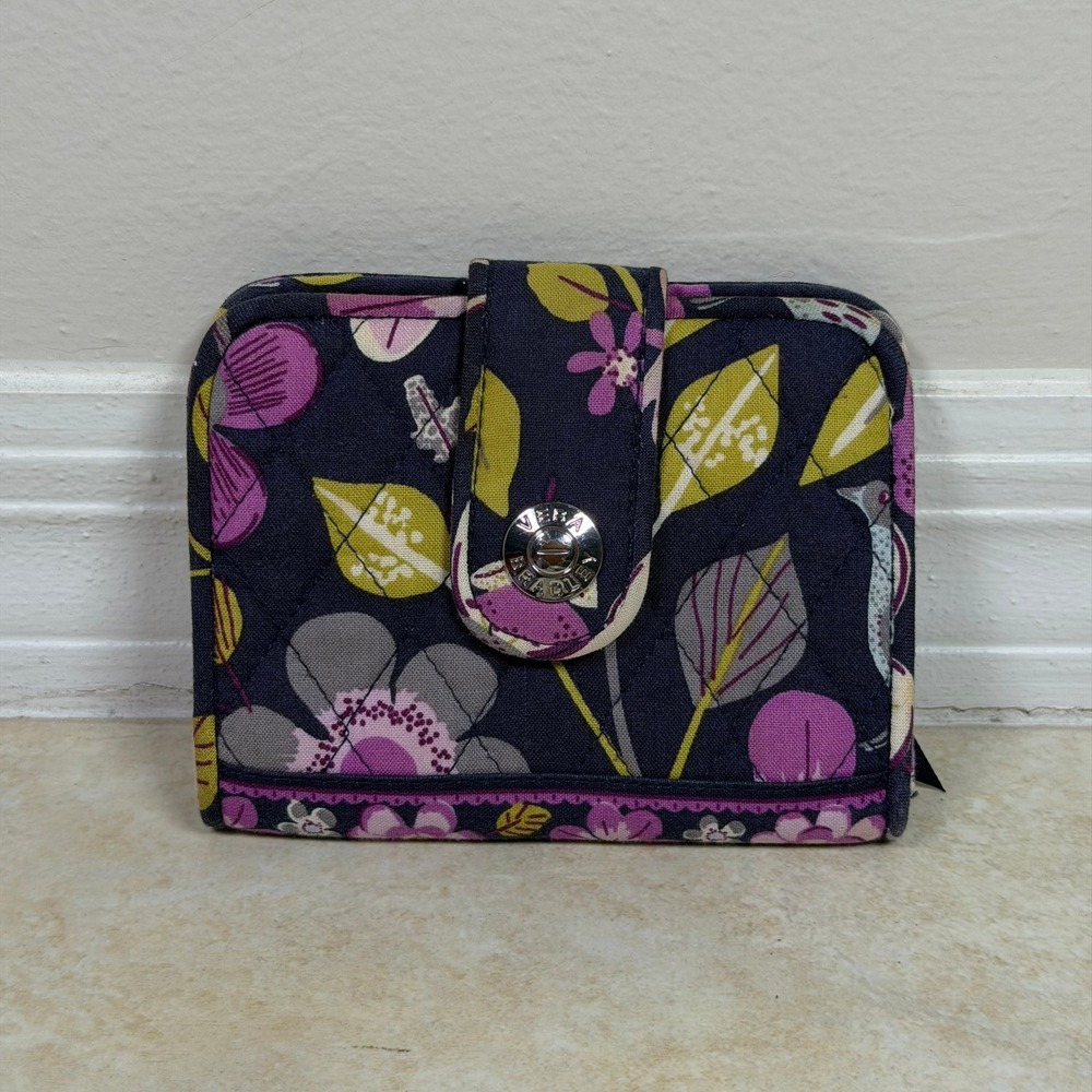 Vera Bradley Wallet Floral Nightingale Navy Purple Floral Quilted Snap Bifold